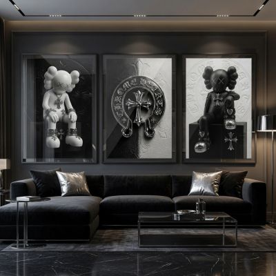 Chrome Hearts Hypebeast Wall Art Poster Set of 3, Black Silver Gothic Cross Art, Horseshoe Print, Fleur De Lis Luxury Y2K Room Decor