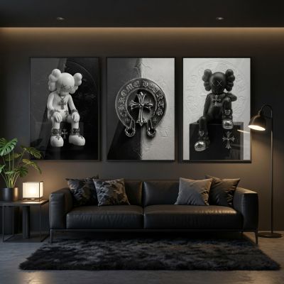 Chrome Hearts Hypebeast Wall Art Poster Set of 3, Black Silver Gothic Cross Art, Horseshoe Print, Fleur De Lis Luxury Y2K Room Decor