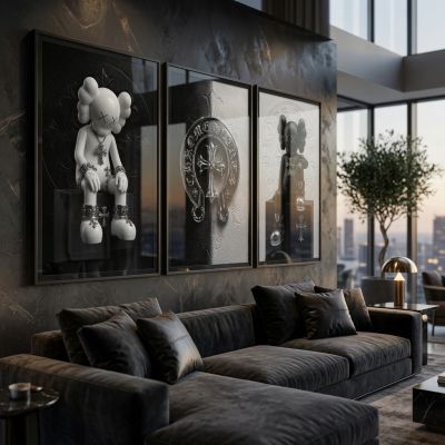 Chrome Hearts Hypebeast Wall Art Poster Set of 3, Black Silver Gothic Cross Art, Horseshoe Print, Fleur De Lis Luxury Y2K Room Decor