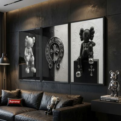 Chrome Hearts Hypebeast Wall Art Poster Set of 3, Black Silver Gothic Cross Art, Horseshoe Print, Fleur De Lis Luxury Y2K Room Decor