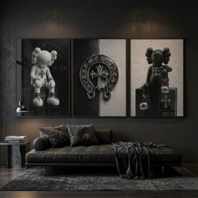 Chrome Hearts Hypebeast Wall Art Poster Set of 3, Black Silver Gothic Cross Art, Horseshoe Print, Fleur De Lis Luxury Y2K Room Decor
