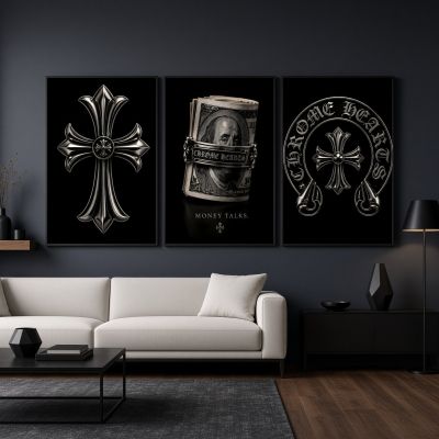 Chrome Hearts Hypebeast Wall Art Poster Set of 3, Black Silver Gothic Cross Art, Horseshoe Print, Fleur De Lis Luxury Y2K Room Decor