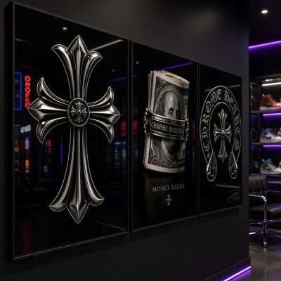Chrome Hearts Hypebeast Wall Art Poster Set of 3, Black Silver Gothic Cross Art, Horseshoe Print, Fleur De Lis Luxury Y2K Room Decor