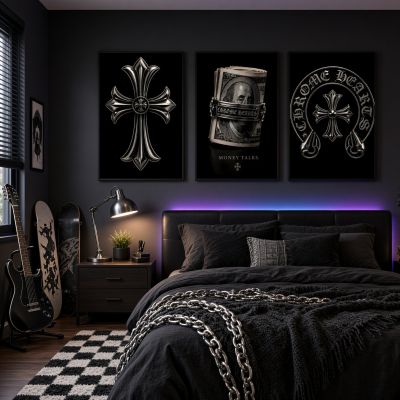Chrome Hearts Hypebeast Wall Art Poster Set of 3, Black Silver Gothic Cross Art, Horseshoe Print, Fleur De Lis Luxury Y2K Room Decor
