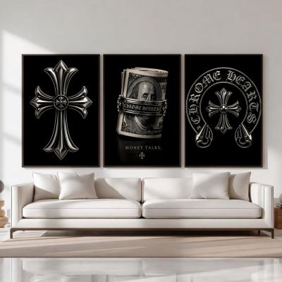 Chrome Hearts Hypebeast Wall Art Poster Set of 3, Black Silver Gothic Cross Art, Horseshoe Print, Fleur De Lis Luxury Y2K Room Decor