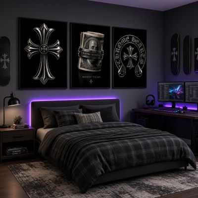 Chrome Hearts Hypebeast Wall Art Poster Set of 3, Black Silver Gothic Cross Art, Horseshoe Print, Fleur De Lis Luxury Y2K Room Decor