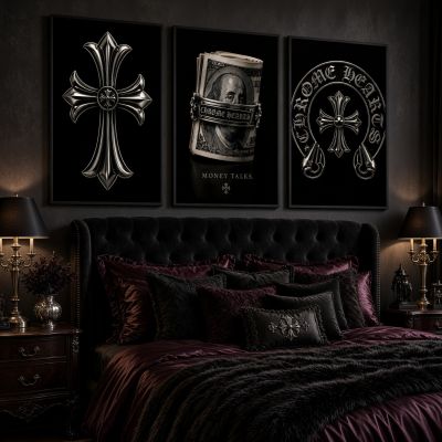 Chrome Hearts Hypebeast Wall Art Poster Set of 3, Black Silver Gothic Cross Art, Horseshoe Print, Fleur De Lis Luxury Y2K Room Decor