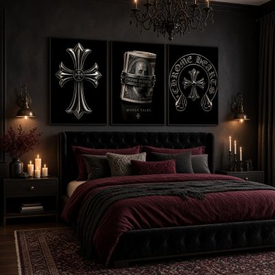 Chrome Hearts Hypebeast Wall Art Poster Set of 3, Black Silver Gothic Cross Art, Horseshoe Print, Fleur De Lis Luxury Y2K Room Decor