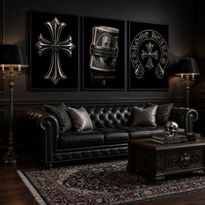Chrome Hearts Hypebeast Wall Art Poster Set of 3, Black Silver Gothic Cross Art, Horseshoe Print, Fleur De Lis Luxury Y2K Room Decor