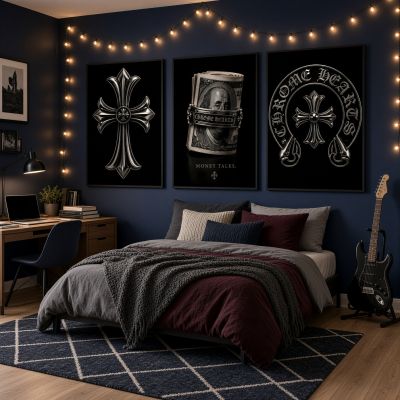 Chrome Hearts Hypebeast Wall Art Poster Set of 3, Black Silver Gothic Cross Art, Horseshoe Print, Fleur De Lis Luxury Y2K Room Decor