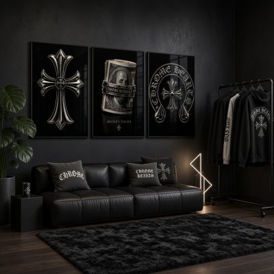 Chrome Hearts Hypebeast Wall Art Poster Set of 3, Black Silver Gothic Cross Art, Horseshoe Print, Fleur De Lis Luxury Y2K Room Decor