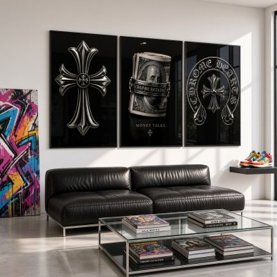 Chrome Hearts Hypebeast Wall Art Poster Set of 3, Black Silver Gothic Cross Art, Horseshoe Print, Fleur De Lis Luxury Y2K Room Decor