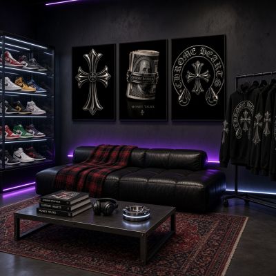 Chrome Hearts Hypebeast Wall Art Poster Set of 3, Black Silver Gothic Cross Art, Horseshoe Print, Fleur De Lis Luxury Y2K Room Decor