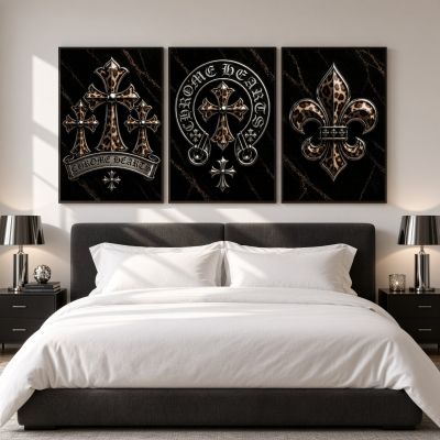 Chrome Hearts Hypebeast Wall Art Poster Set of 3, Black Silver Gothic Cross Art, Horseshoe Print, Fleur De Lis Luxury Y2K Room Decor