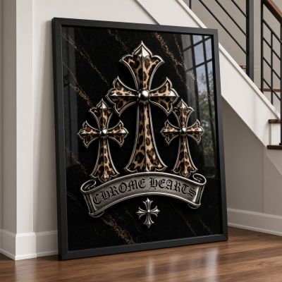 Chrome Hearts Hypebeast Wall Art Poster Set of 3, Black Silver Gothic Cross Art, Horseshoe Print, Fleur De Lis Luxury Y2K Room Decor