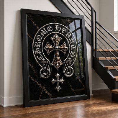 Chrome Hearts Hypebeast Wall Art Poster Set of 3, Black Silver Gothic Cross Art, Horseshoe Print, Fleur De Lis Luxury Y2K Room Decor