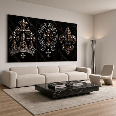 Chrome Hearts Hypebeast Wall Art Poster Set of 3, Black Silver Gothic Cross Art, Horseshoe Print, Fleur De Lis Luxury Y2K Room Decor