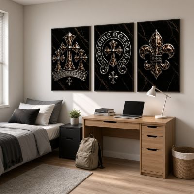 Chrome Hearts Hypebeast Wall Art Poster Set of 3, Black Silver Gothic Cross Art, Horseshoe Print, Fleur De Lis Luxury Y2K Room Decor