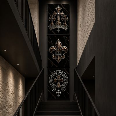 Chrome Hearts Hypebeast Wall Art Poster Set of 3, Black Silver Gothic Cross Art, Horseshoe Print, Fleur De Lis Luxury Y2K Room Decor
