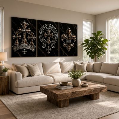 Chrome Hearts Hypebeast Wall Art Poster Set of 3, Black Silver Gothic Cross Art, Horseshoe Print, Fleur De Lis Luxury Y2K Room Decor