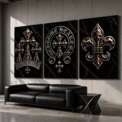 Chrome Hearts Hypebeast Wall Art Poster Set of 3, Black Silver Gothic Cross Art, Horseshoe Print, Fleur De Lis Luxury Y2K Room Decor