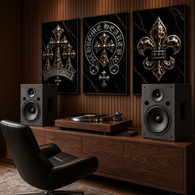 Chrome Hearts Hypebeast Wall Art Poster Set of 3, Black Silver Gothic Cross Art, Horseshoe Print, Fleur De Lis Luxury Y2K Room Decor