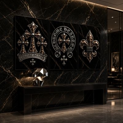 Chrome Hearts Hypebeast Wall Art Poster Set of 3, Black Silver Gothic Cross Art, Horseshoe Print, Fleur De Lis Luxury Y2K Room Decor