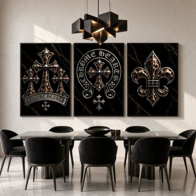 Chrome Hearts Hypebeast Wall Art Poster Set of 3, Black Silver Gothic Cross Art, Horseshoe Print, Fleur De Lis Luxury Y2K Room Decor