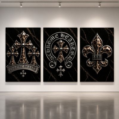 Chrome Hearts Hypebeast Wall Art Poster Set of 3, Black Silver Gothic Cross Art, Horseshoe Print, Fleur De Lis Luxury Y2K Room Decor