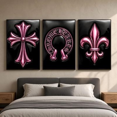 Chrome Hearts Hypebeast Wall Art Poster Set of 3, Black Silver Gothic Cross Art, Horseshoe Print, Fleur De Lis Luxury Y2K Room Decor