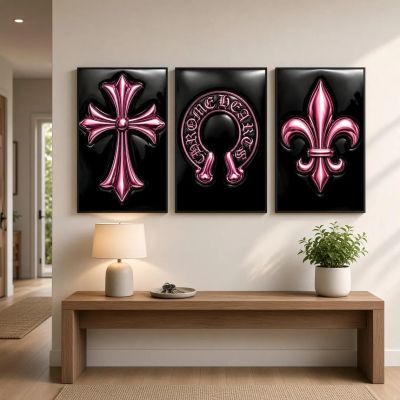 Chrome Hearts Hypebeast Wall Art Poster Set of 3, Black Silver Gothic Cross Art, Horseshoe Print, Fleur De Lis Luxury Y2K Room Decor