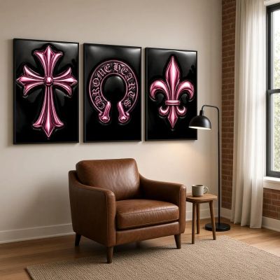 Chrome Hearts Hypebeast Wall Art Poster Set of 3, Black Silver Gothic Cross Art, Horseshoe Print, Fleur De Lis Luxury Y2K Room Decor