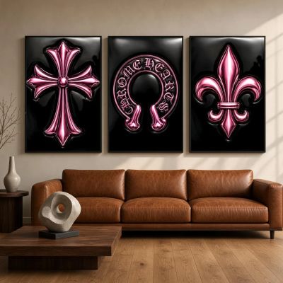 Chrome Hearts Hypebeast Wall Art Poster Set of 3, Black Silver Gothic Cross Art, Horseshoe Print, Fleur De Lis Luxury Y2K Room Decor