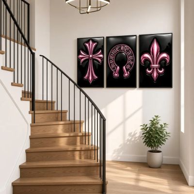 Chrome Hearts Hypebeast Wall Art Poster Set of 3, Black Silver Gothic Cross Art, Horseshoe Print, Fleur De Lis Luxury Y2K Room Decor