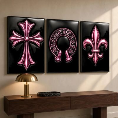 Chrome Hearts Hypebeast Wall Art Poster Set of 3, Black Silver Gothic Cross Art, Horseshoe Print, Fleur De Lis Luxury Y2K Room Decor