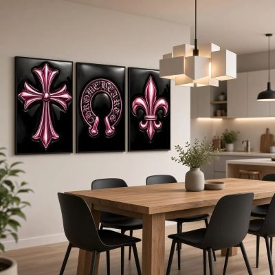 Chrome Hearts Hypebeast Wall Art Poster Set of 3, Black Silver Gothic Cross Art, Horseshoe Print, Fleur De Lis Luxury Y2K Room Decor