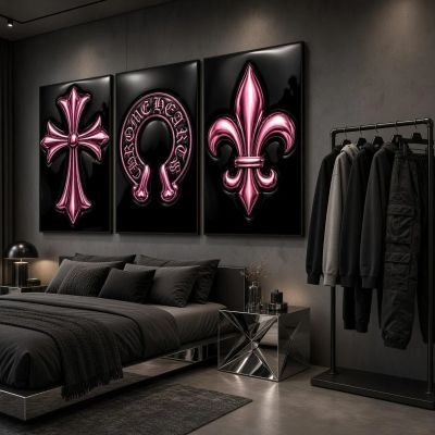 Chrome Hearts Hypebeast Wall Art Poster Set of 3, Black Silver Gothic Cross Art, Horseshoe Print, Fleur De Lis Luxury Y2K Room Decor