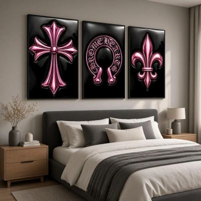 Chrome Hearts Hypebeast Wall Art Poster Set of 3, Black Silver Gothic Cross Art, Horseshoe Print, Fleur De Lis Luxury Y2K Room Decor
