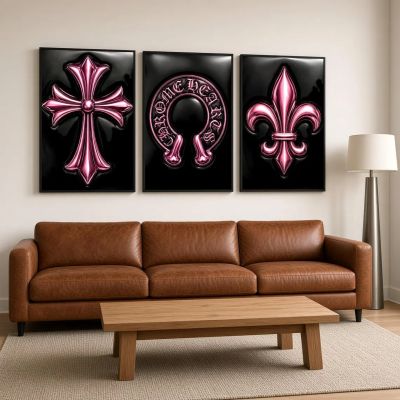 Chrome Hearts Hypebeast Wall Art Poster Set of 3, Black Silver Gothic Cross Art, Horseshoe Print, Fleur De Lis Luxury Y2K Room Decor
