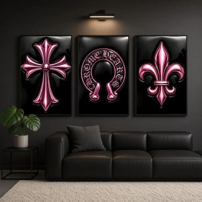 Chrome Hearts Hypebeast Wall Art Poster Set of 3, Black Silver Gothic Cross Art, Horseshoe Print, Fleur De Lis Luxury Y2K Room Decor
