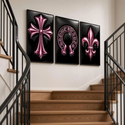 Chrome Hearts Hypebeast Wall Art Poster Set of 3, Black Silver Gothic Cross Art, Horseshoe Print, Fleur De Lis Luxury Y2K Room Decor