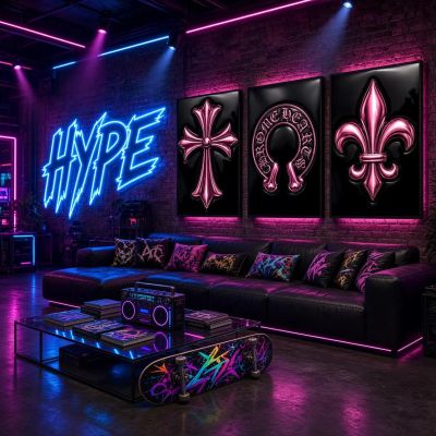 Chrome Hearts Hypebeast Wall Art Poster Set of 3, Black Silver Gothic Cross Art, Horseshoe Print, Fleur De Lis Luxury Y2K Room Decor