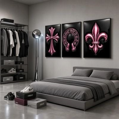 Chrome Hearts Hypebeast Wall Art Poster Set of 3, Black Silver Gothic Cross Art, Horseshoe Print, Fleur De Lis Luxury Y2K Room Decor