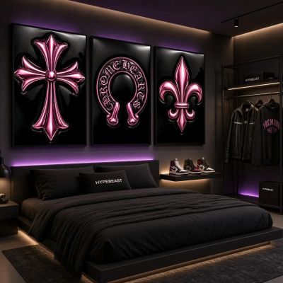 Chrome Hearts Hypebeast Wall Art Poster Set of 3, Black Silver Gothic Cross Art, Horseshoe Print, Fleur De Lis Luxury Y2K Room Decor