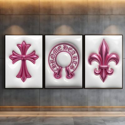 Chrome Hearts Hypebeast Wall Art Poster Set of 3, Black Silver Gothic Cross Art, Horseshoe Print, Fleur De Lis Luxury Y2K Room Decor