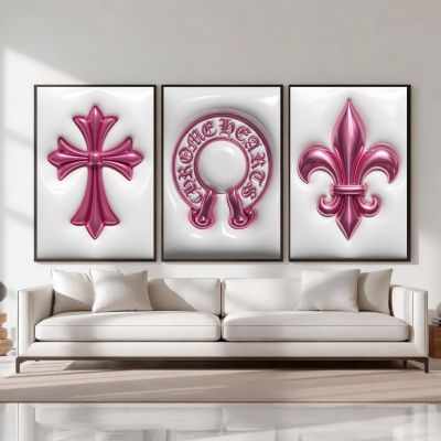 Chrome Hearts Hypebeast Wall Art Poster Set of 3, Black Silver Gothic Cross Art, Horseshoe Print, Fleur De Lis Luxury Y2K Room Decor