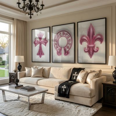 Chrome Hearts Hypebeast Wall Art Poster Set of 3, Black Silver Gothic Cross Art, Horseshoe Print, Fleur De Lis Luxury Y2K Room Decor