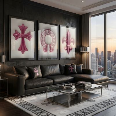 Chrome Hearts Hypebeast Wall Art Poster Set of 3, Black Silver Gothic Cross Art, Horseshoe Print, Fleur De Lis Luxury Y2K Room Decor