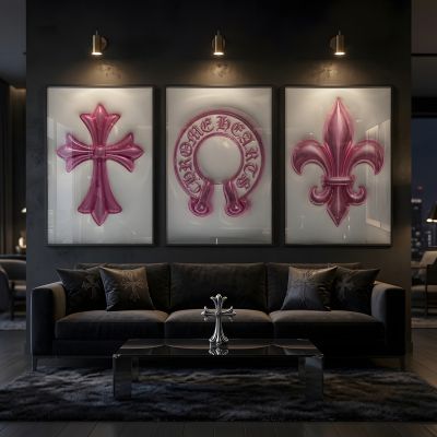 Chrome Hearts Hypebeast Wall Art Poster Set of 3, Black Silver Gothic Cross Art, Horseshoe Print, Fleur De Lis Luxury Y2K Room Decor