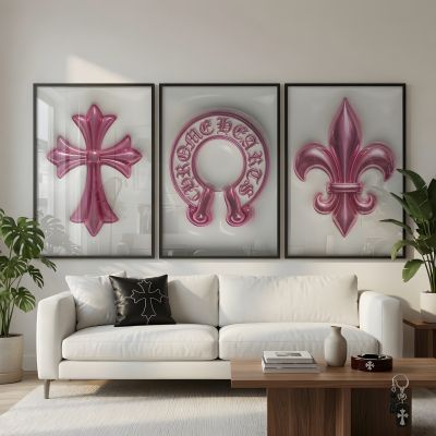 Chrome Hearts Hypebeast Wall Art Poster Set of 3, Black Silver Gothic Cross Art, Horseshoe Print, Fleur De Lis Luxury Y2K Room Decor